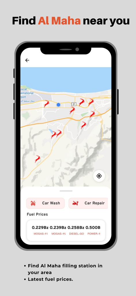 Benutzeroberfläche der Al Maha Plus-App, die eine Karte mit Tankstellen und aktuellen Kraftstoffpreisen zeigt