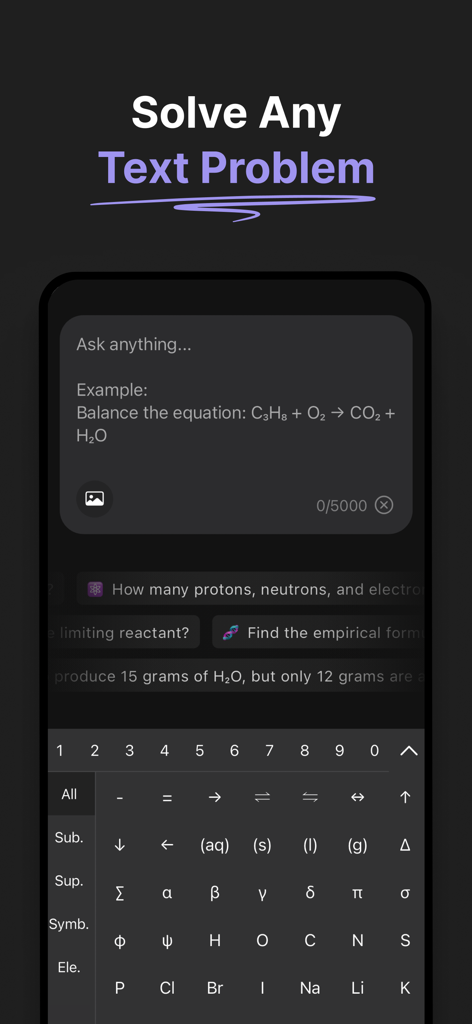 Chem AI: Chemistry Solver - Chem AI app screen for solving text-based chemistry problems with a specialized keyboard