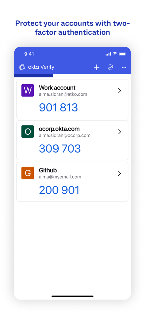 Okta Verify app interface displaying two factor authentication codes for multiple accounts