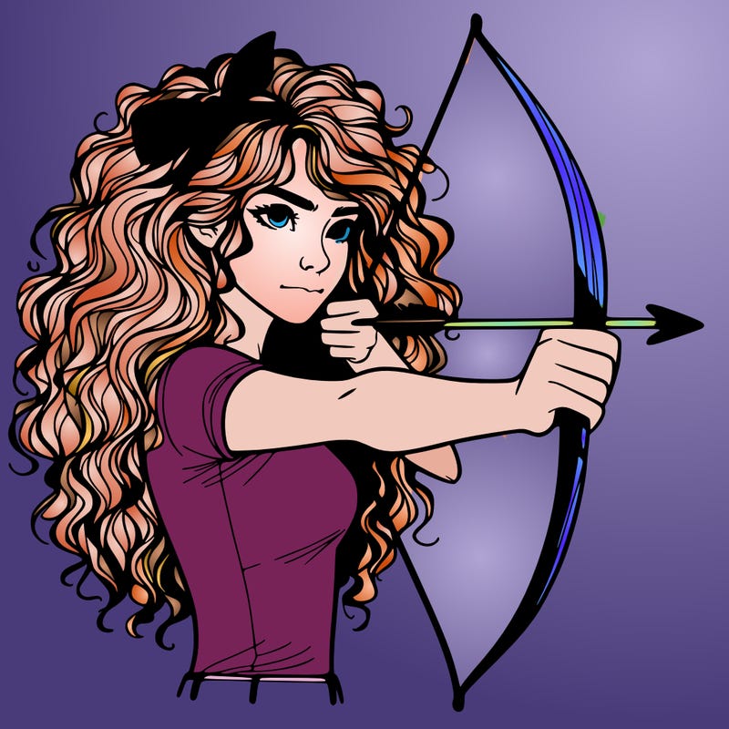 a woman with curly and messy hair using a bow to shoot arrow realistic
