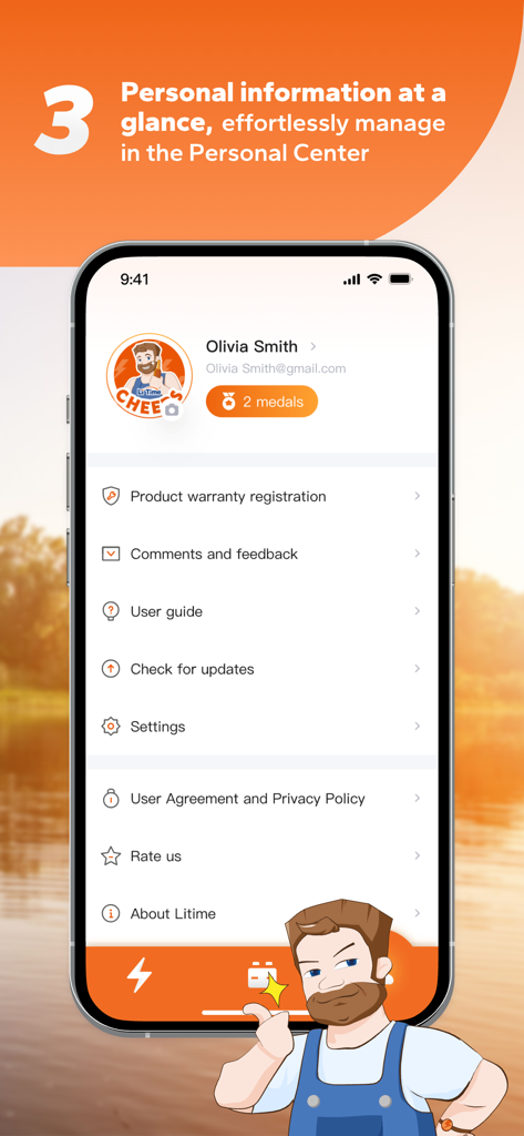 LiTime - LiTime app interface showing the personal center with user profile and settings menu