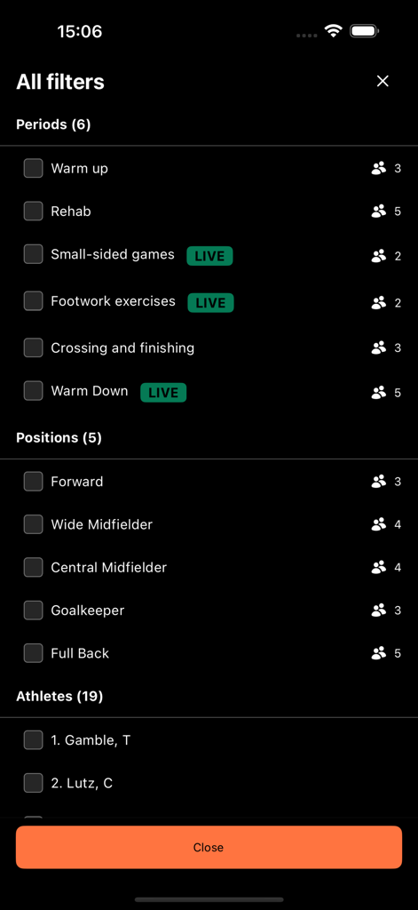 Catapult Vector - Interface showing filtering options for training periods, player positions, and individual athletes in the Catapult Vector app.