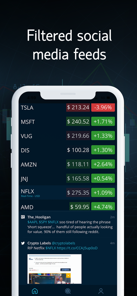 한 화면에서 주식 관심 목록과 필터링된 소셜 미디어 피드를 표시하는 LiveQuote 앱 인터페이스