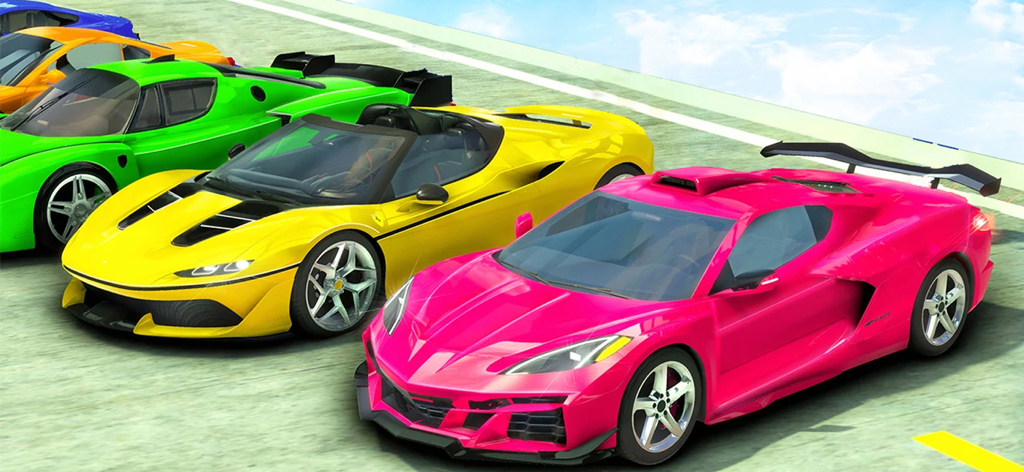 Una formazione di auto sportive colorate su una pista da corsa aerea in GT Car Stunts.