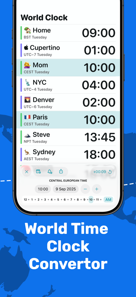 World Clock app interface showing multiple global time zones and a meeting planner feature