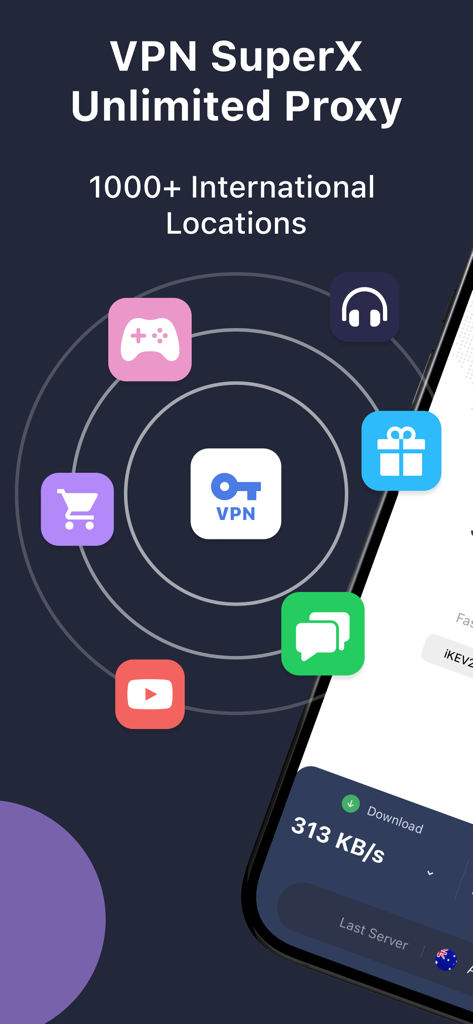 VPN - SuperX Unlimited Proxy - Interface de VPN SuperX Proxy illimité montrant plus de 1000 emplacements internationaux et des catégories d'applications prises en charge comme le jeu et le streaming