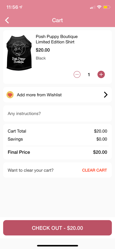 The Posh Puppy Boutique - The Posh Puppy Boutique app shopping cart screen featuring a black dog shirt