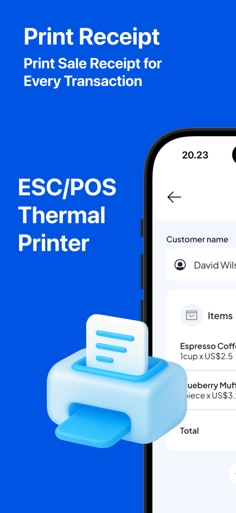 Salesmaster app screenshot showing receipt printing feature for thermal printers on iPhone.