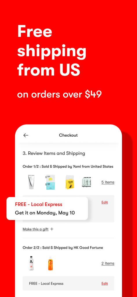 Yami app checkout screen highlighting free shipping on orders over 49 dollars from the United States.