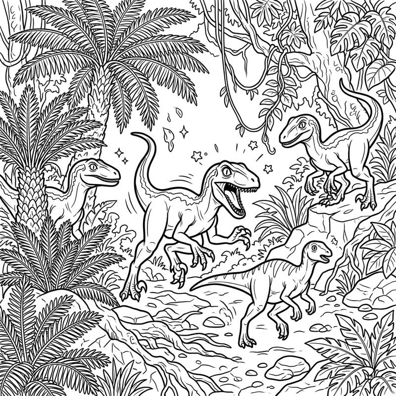 Journey back to the prehistoric era with this dynamic Velociraptor hunting coloring page. Designed for teens, it offers an exciting and detailed scene for hours of creative fun.