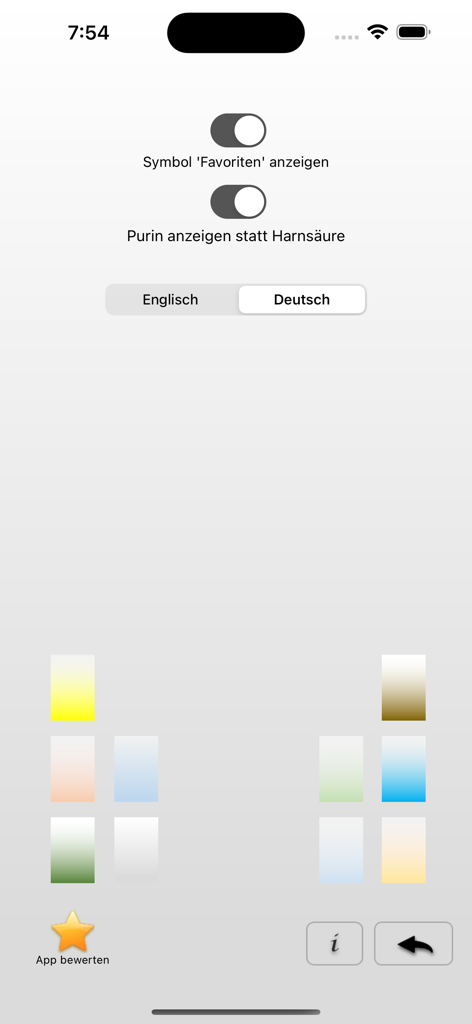 Das Einstellungsmenü der Purin-Tabelle App mit Sprachauswahl und Anzeigeoptionen.