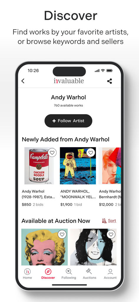 Invaluable Auctions: Bid Live - Invaluable Auctions App Discover-Seite für den Künstler Andy Warhol mit Sammlerstücken