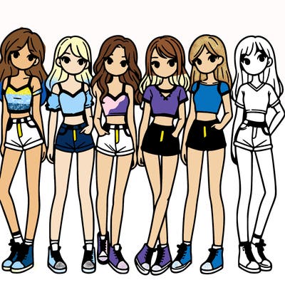 a group of girls wearing crop tops and shorts