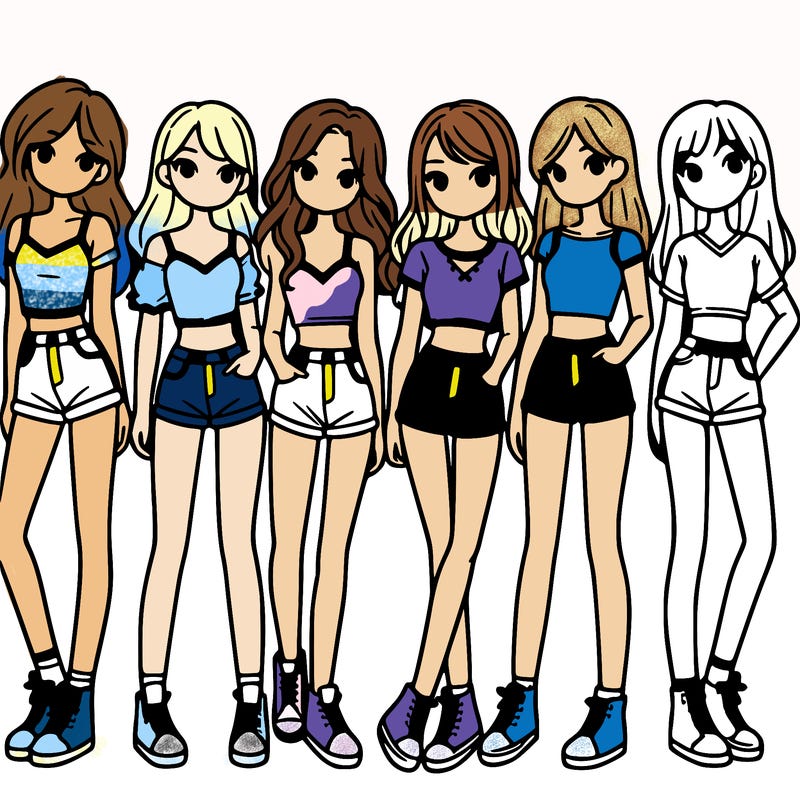 a group of girls wearing crop tops and shorts