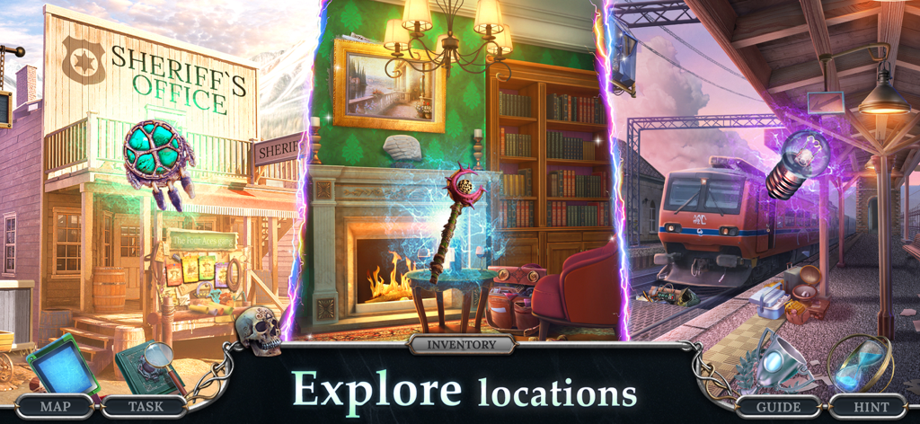 Detectives United 7: Adventure - A collage showing three different mystery game locations including a sheriff office a library and a train station