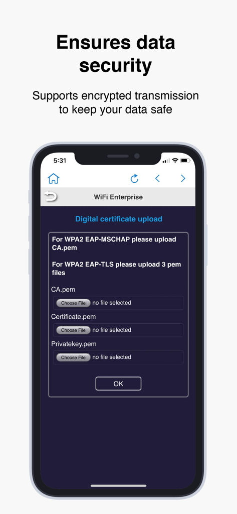 EZCast Pro - Pantalla de la aplicación EZCast Pro que muestra la carga de certificados digitales para la seguridad WiFi empresarial y la transmisión de datos encriptada