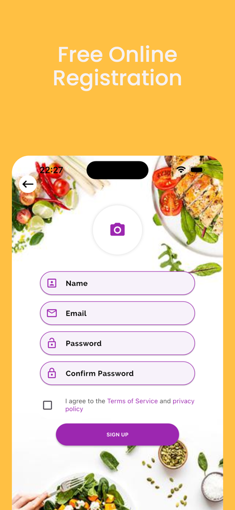 Pantalla de registro para la aplicación Yummy Delicious Recipes, con campos para nombre, correo electrónico y contraseña sobre un fondo de comida saludable.