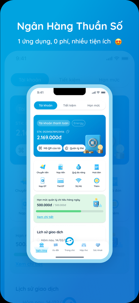 TNEX - Ngân hàng số thế hệ mới - TNEX 디지털 뱅킹 모바일 앱 인터페이스, 계정 잔액 및 금융 서비스 아이콘 표시