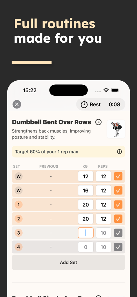 Strength Workouts - Training - A mobile app interface displaying a weightlifting routine for dumbbell rows with tracking for sets and reps