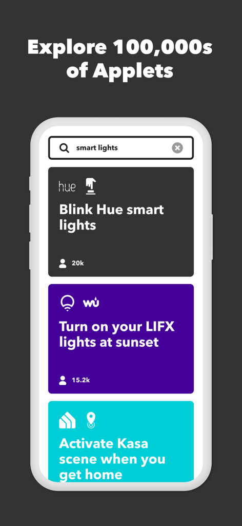 IFTTT - Automate work and home - IFTTT-App-Oberfläche, die die Suche nach Smart-Home-Licht-Applets anzeigt, einschließlich Sonnenuntergangsauslösern und standortbasierten Szenen
