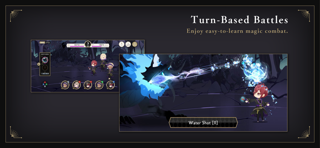 Disney Twisted-Wonderland - Screenshot di gioco che mostra battaglie magiche a turni e combattimenti di personaggi chibi in Disney Twisted-Wonderland.