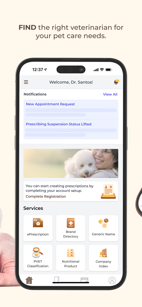 PVET Clinic - PVET Clinic mobile app dashboard for veterinarians showing appointment notifications and clinical service icons like ePrescription and Brand Directory.