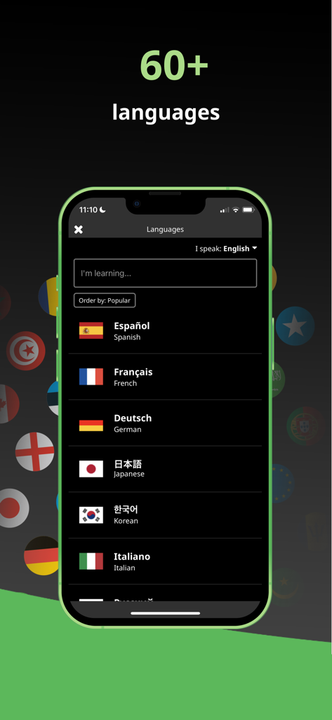 Clozemaster: Expand Vocabulary - Clozemaster app screen showing a list of over 60 available languages to learn including Spanish French and German