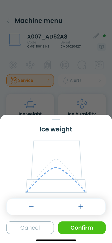 IceWorld - Mobile app screen showing a pop up to adjust ice weight levels for an IoT connected ice machine.