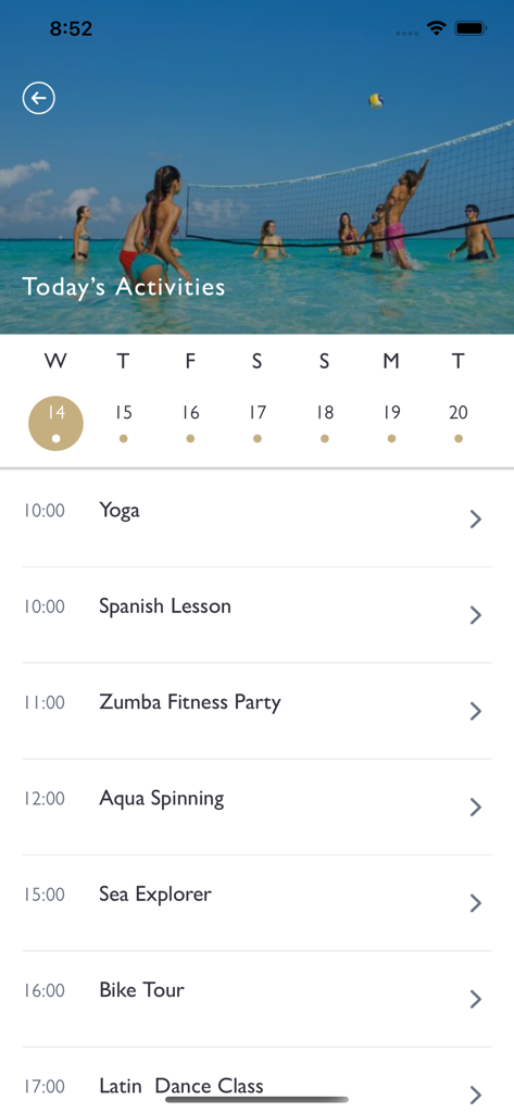 Hyatt Inclusive Collection - Programme d'activités quotidien dans l'application Hyatt Inclusive Collection montrant une liste d'événements du complexe hôtelier, y compris le yoga et la zumba