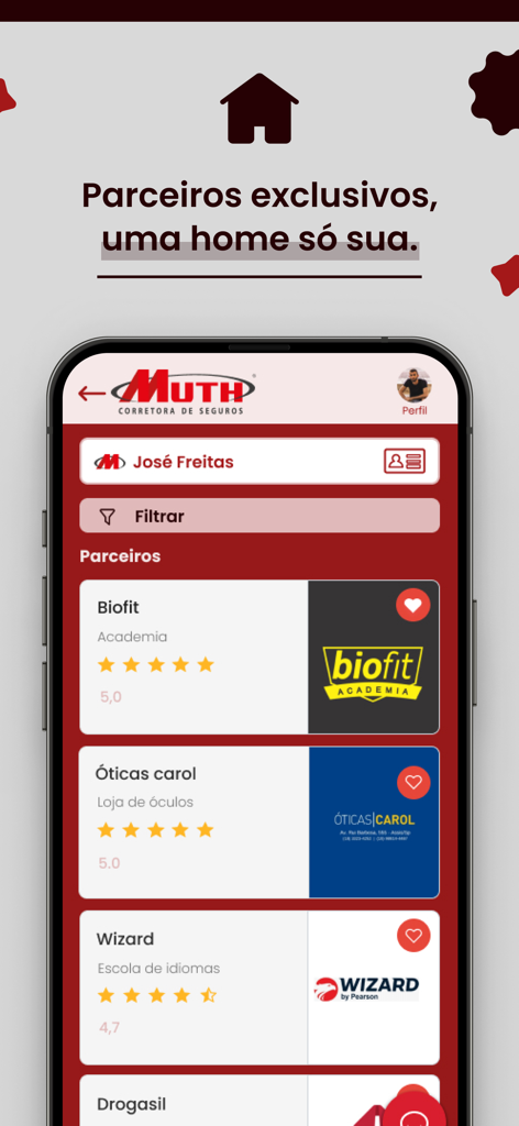 Interfaz de la aplicación Muth Corretora que enumera descuentos y servicios de socios exclusivos