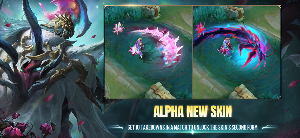 Showcase of Alpha new skin in Mobile Legends highlighting the second form unlocked after ten takedowns