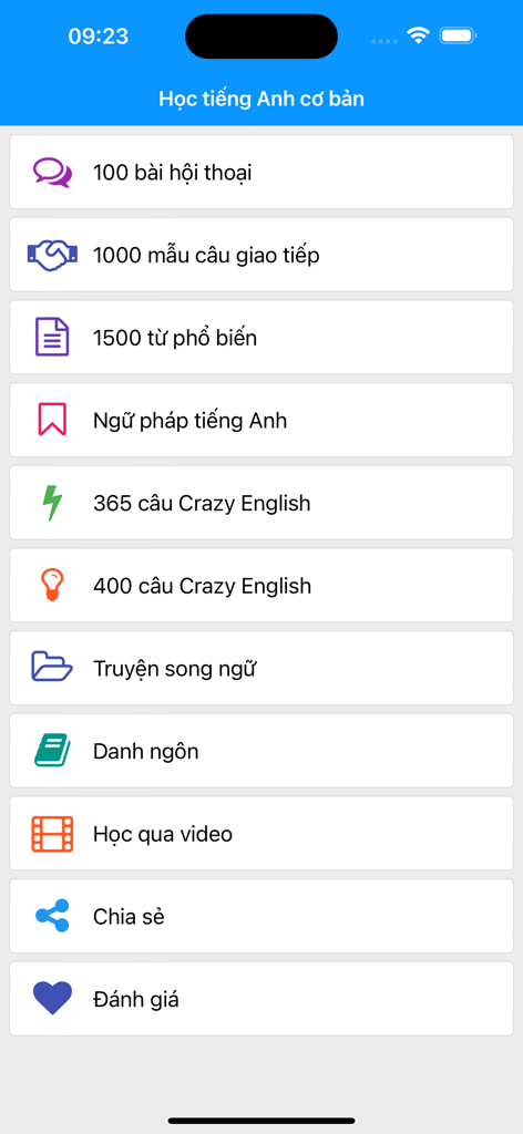 Học Tiếng Anh Cơ Bản - ベトナム語の英語学習アプリのメインメニュー。会話、語彙、文法のレッスンが表示されます。