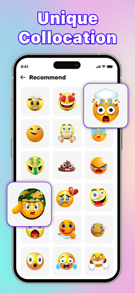 Emoji Maker : DIY Emoji Merge - A mobile screen showing a grid of custom emoji designs with unique expressions and accessories