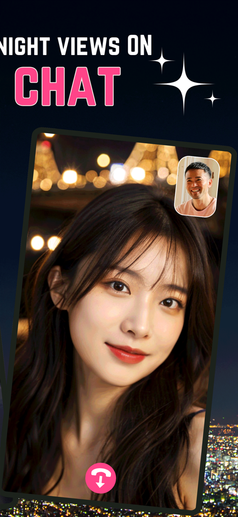 A video call interface on the YORU app featuring users sharing night cityscapes