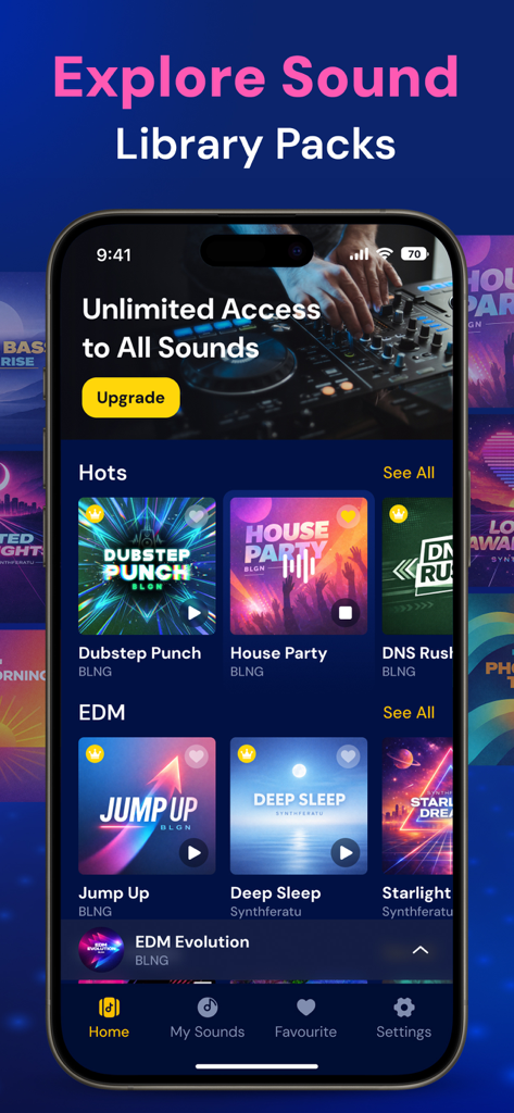 Drum Pad: Learn Beat Maker Kit - Interfaz de la aplicación Drum Pad mostrando paquetes de biblioteca de sonidos para géneros Dubstep House y EDM