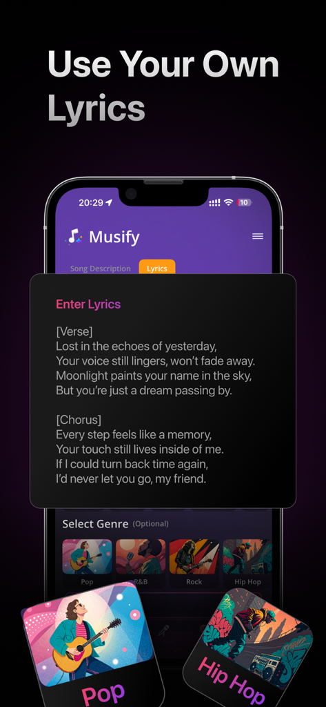 Singo AI Song & Music Maker - Singo AI mobile app interface for entering custom lyrics and choosing music genres