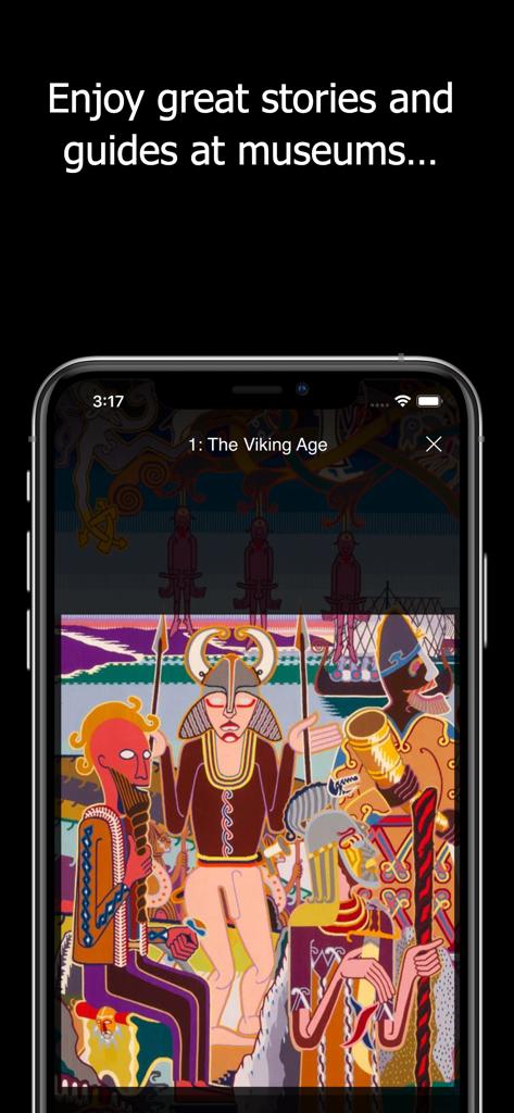 Useeum - Useeum mobile app screen showing a colorful illustrated museum guide titled The Viking Age.