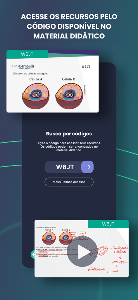 Bernoulli Play app interface showing how to search for digital educational resources and video resolutions using a code from a textbook.