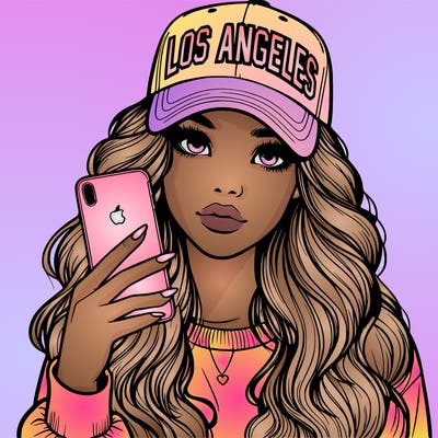 realistic beautiful girl wearing los ángeles cap holding an iphone
