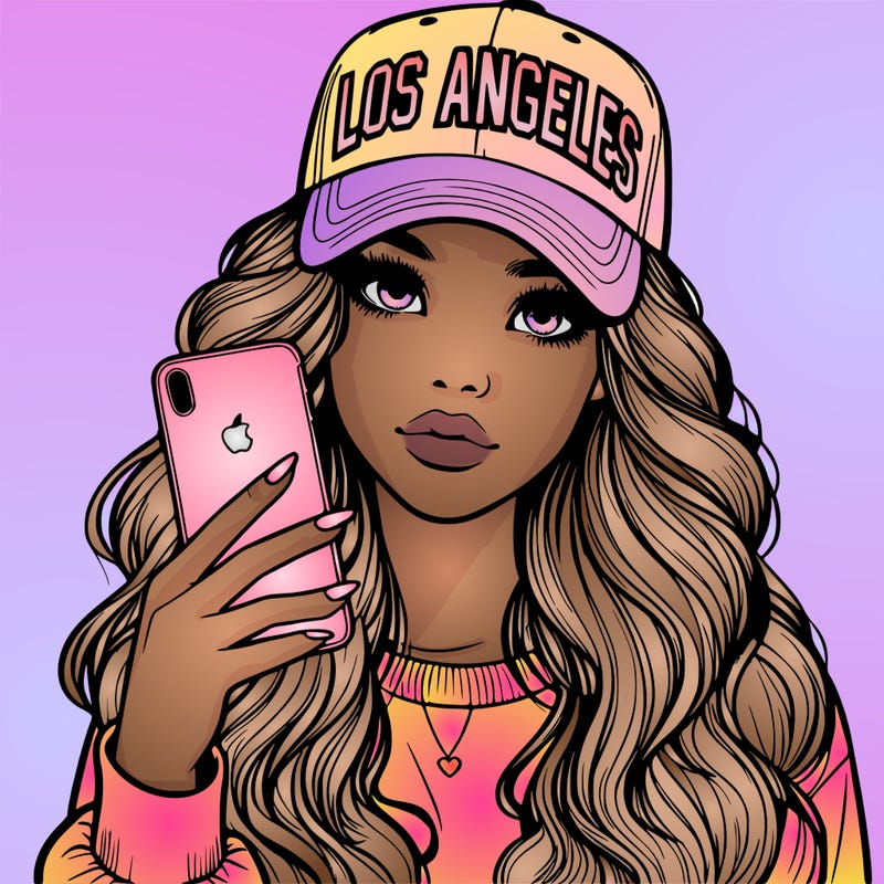 realistic beautiful girl wearing los ángeles cap holding an iphone