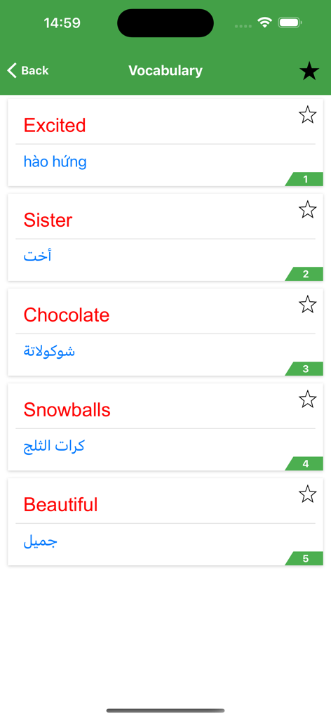 Learn English Listening - Una lista de palabras de vocabulario en inglés con traducciones en varios idiomas dentro de la aplicación.