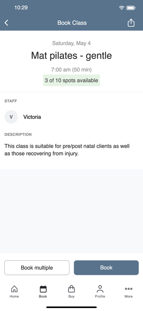 Platinum Studio Pilates - Interface for booking a gentle Mat Pilates class at Platinum Studio showing instructor details and availability