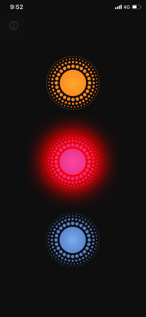 Three colorful glowing circles on a black background representing finger placements in the Finger Picker app