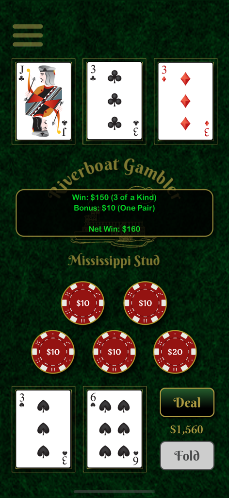 Riverboat Gambler - Mississippi Stud poker game simulation in the Riverboat Gambler app