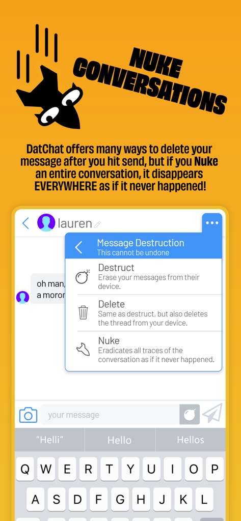 양쪽 기기에서 대화를 삭제하는 폭파 기능을 보여주는 DatChat 앱 스크린샷