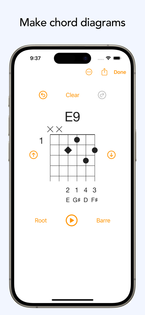 ChordMate 4 - Screenshot of ChordMate 4 app interface showing a detailed E9 guitar chord diagram with fingerings and note names.
