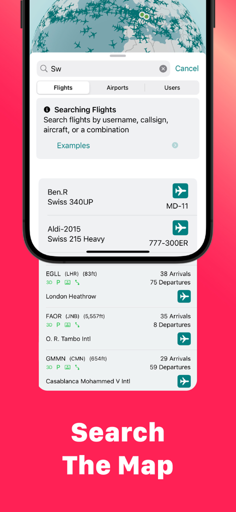 InfiniteInfo - InfiniteInfo mobile app interface showing flight and airport search results over a global aviation map