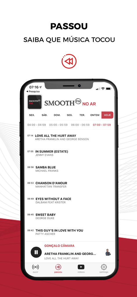 Smooth FM app screen displaying a list of recently played jazz and soul songs with artist names and timestamps.