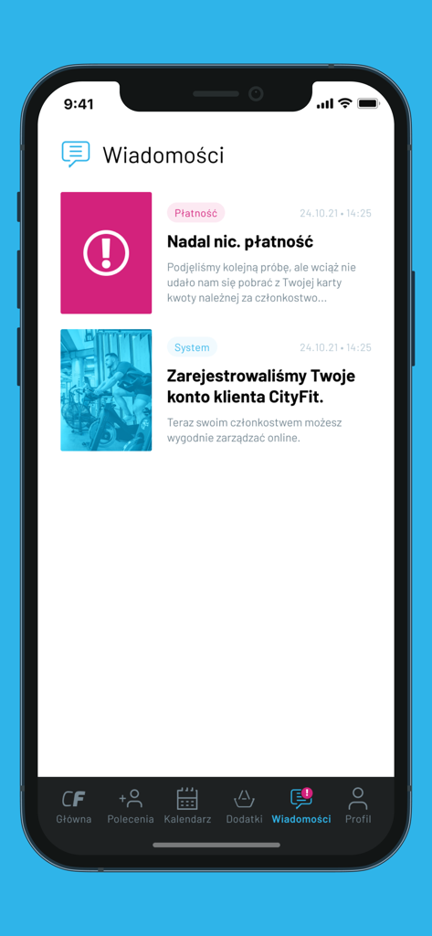 CityFit - CityFit mobile app interface showing the messages screen with payment status and account registration notifications