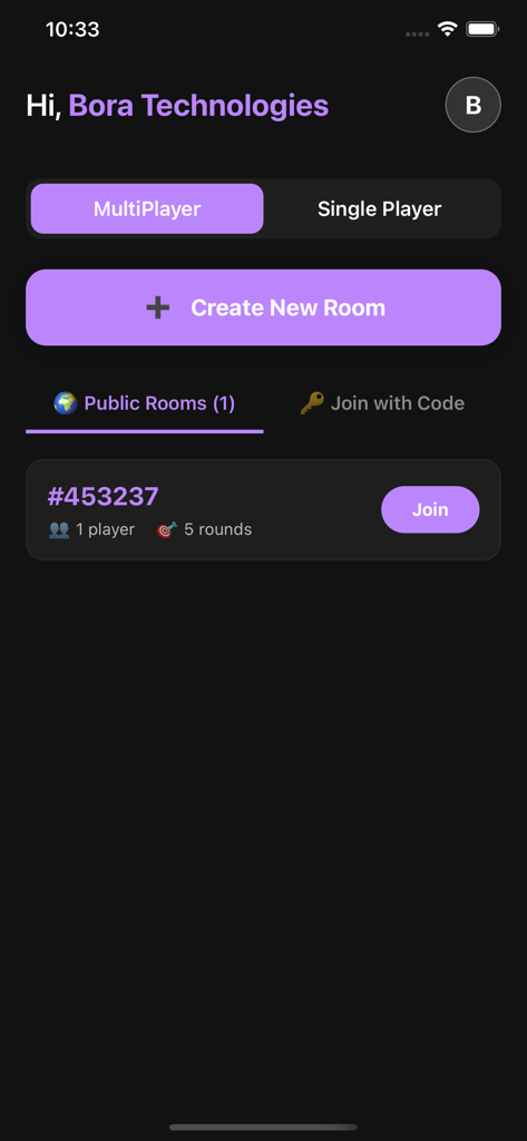 Name Place Animal Thing - Multiplayer lobby screen showing options to create or join game rooms